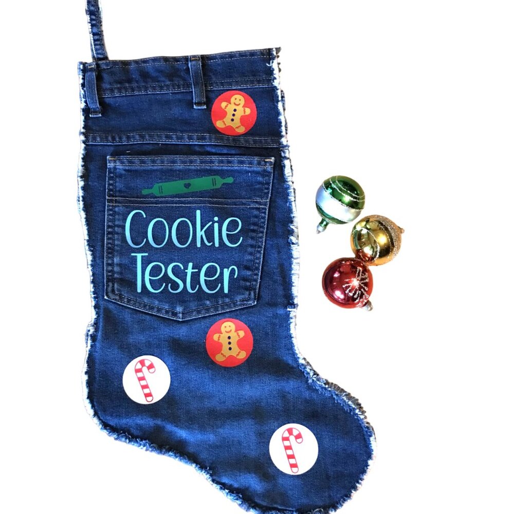 Handmade Denim Christmas Stocking w/Pocket Cookie Tester Graphic Size L